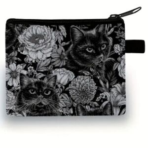 Black and White Cat Floral Pouch